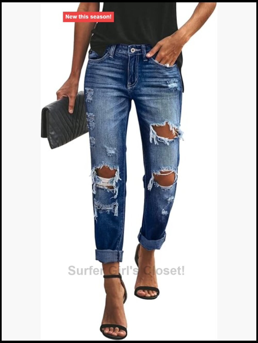 Distressed Mid Rise Boyfriend Jeans Loose Fit Stretchy Denim Pants
